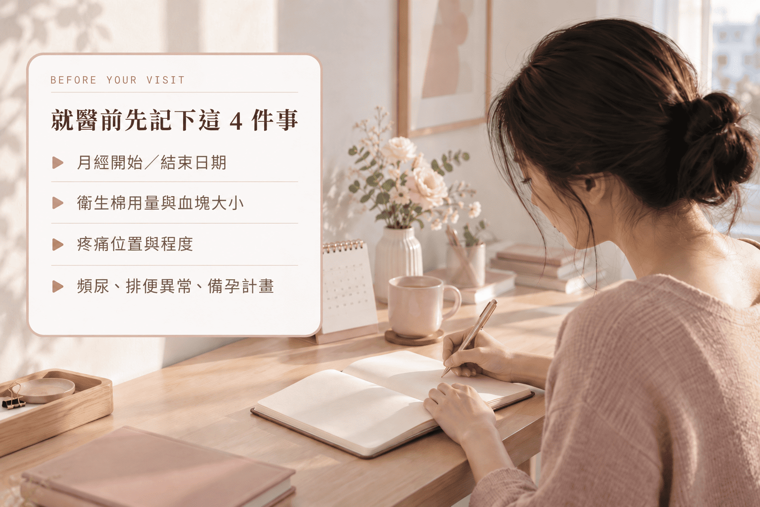 女性在桌前記錄月經日記，準備就醫資訊