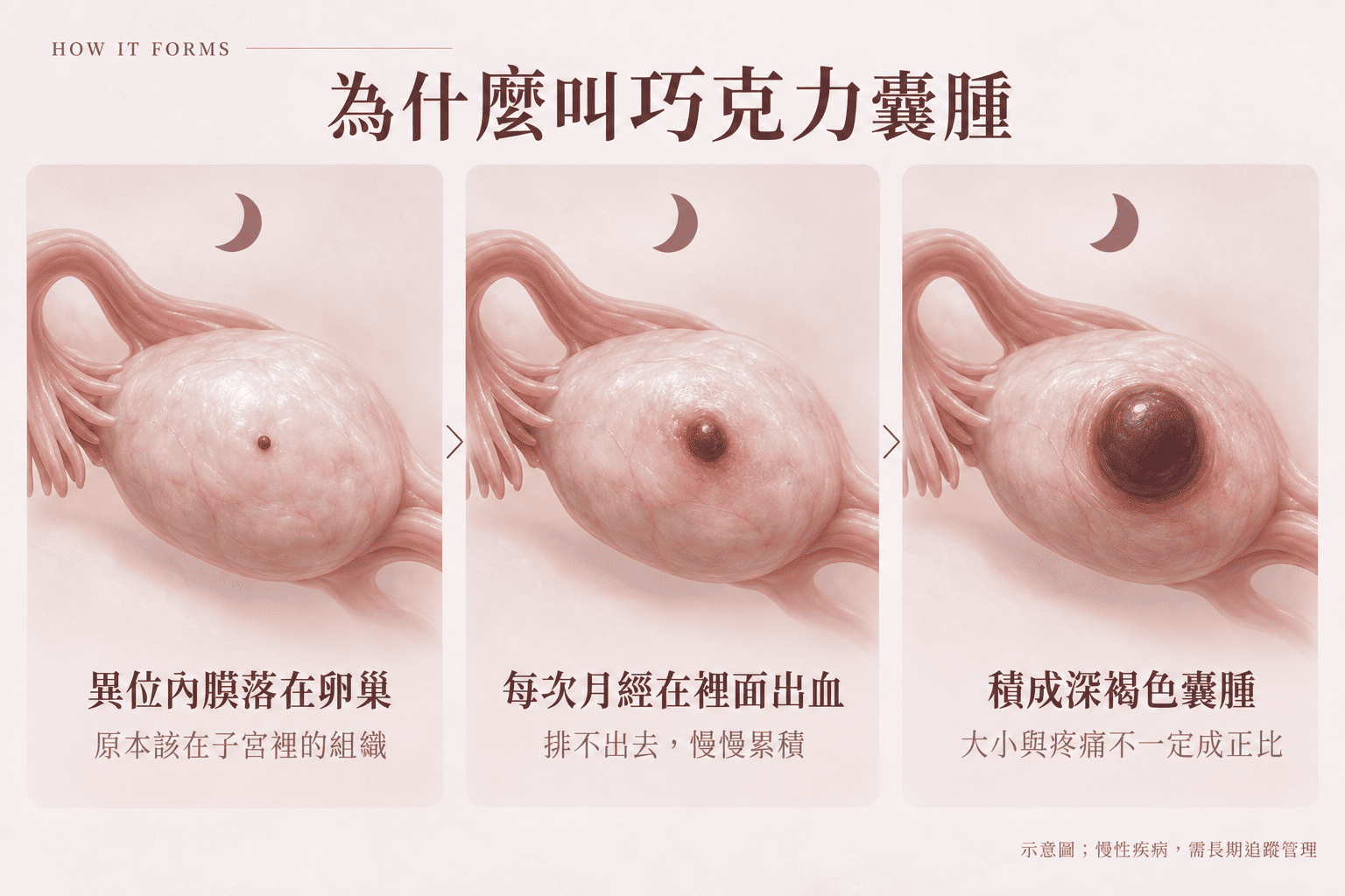 巧克力囊腫可能長期無聲無息，也可能帶來明顯的骨盆疼痛與經痛，定期婦科追蹤是關鍵
