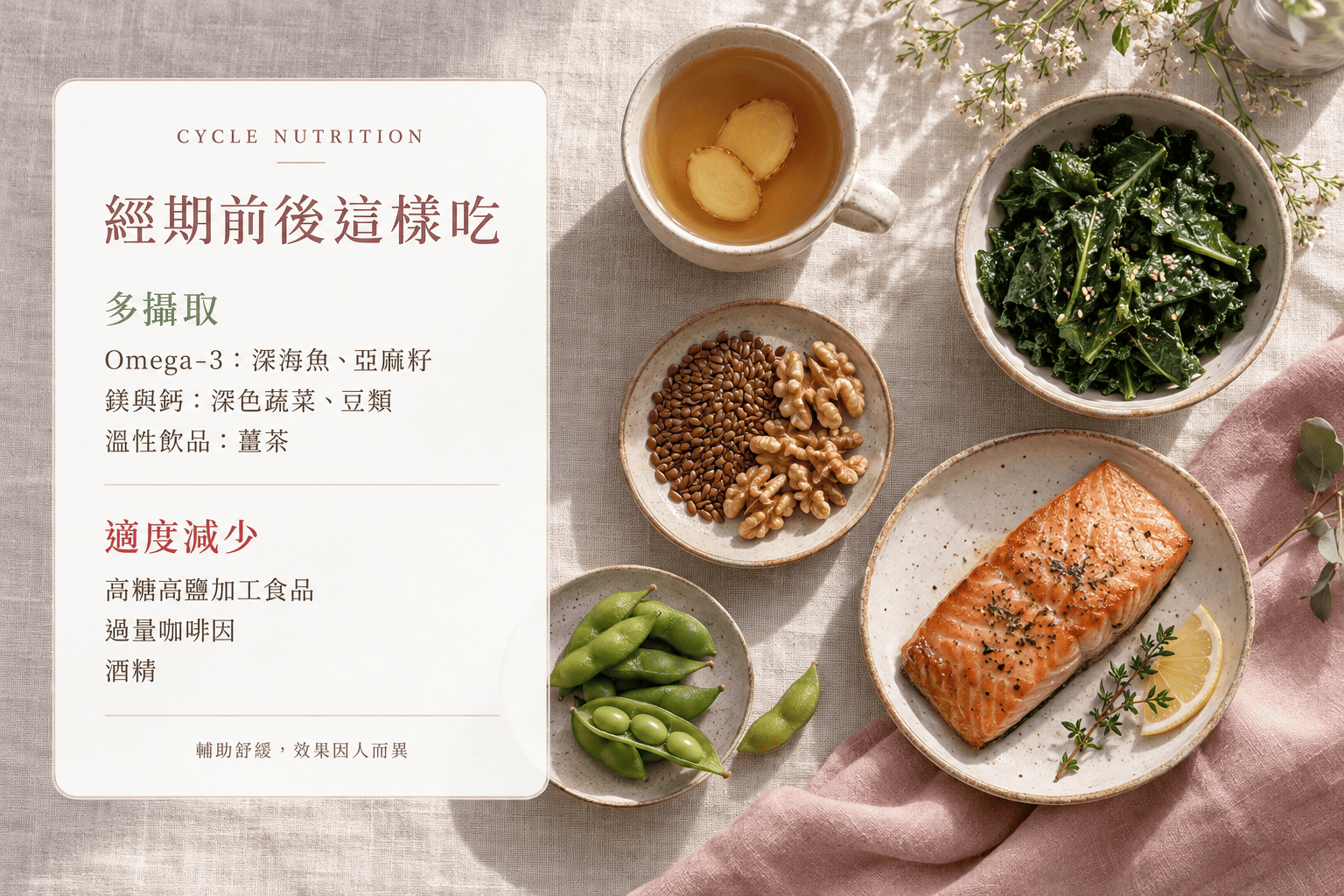 女性手捧溫熱草本茶，桌上有新鮮水果，展現經期飲食調養的溫柔日常