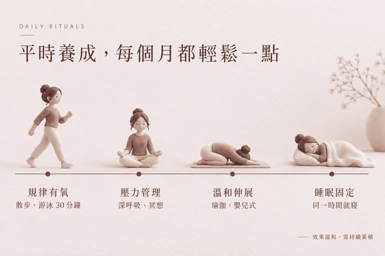 女性在明亮空間做溫和瑜伽伸展，展現經期自我照顧的日常