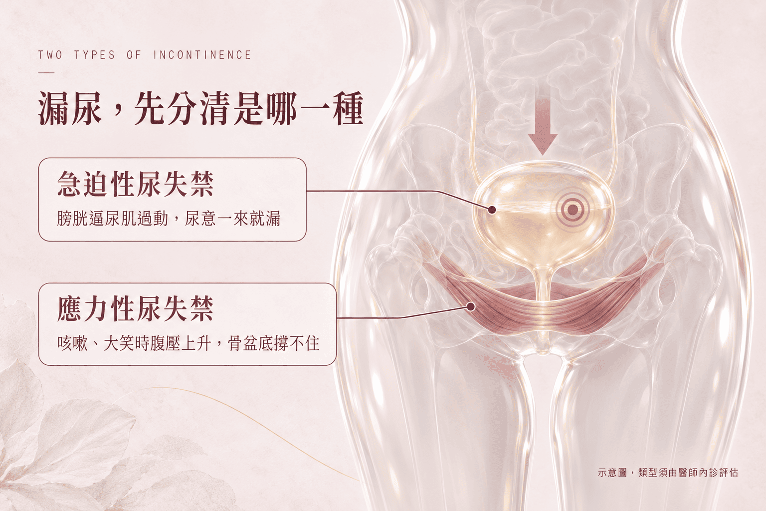台灣女性坐在明亮診間候診，神情平靜從容，象徵勇敢面對尿失禁困擾