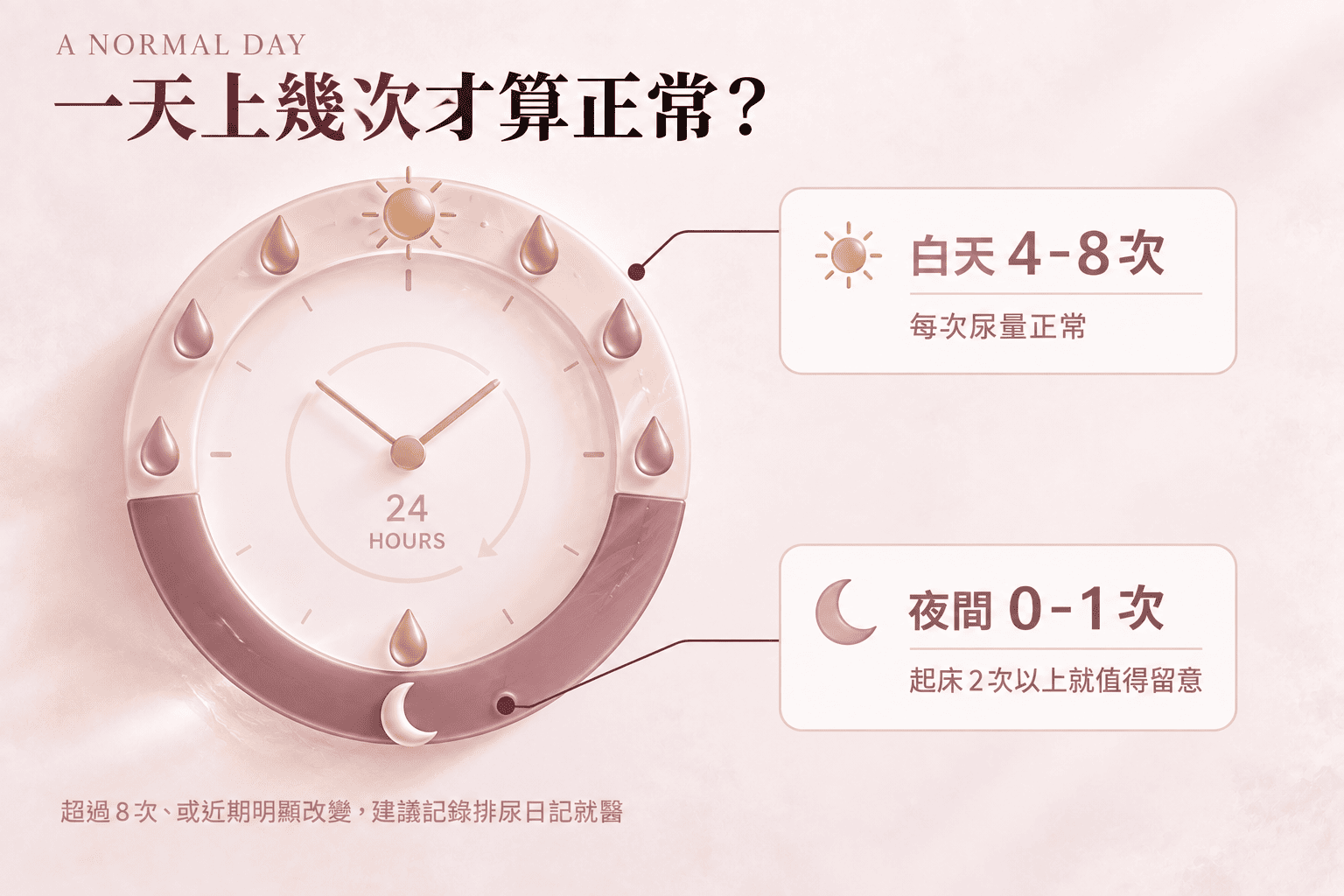亞洲女性坐在辦公桌前，神情略顯不安，雙手輕放腹部，象徵頻尿帶來的日常困擾