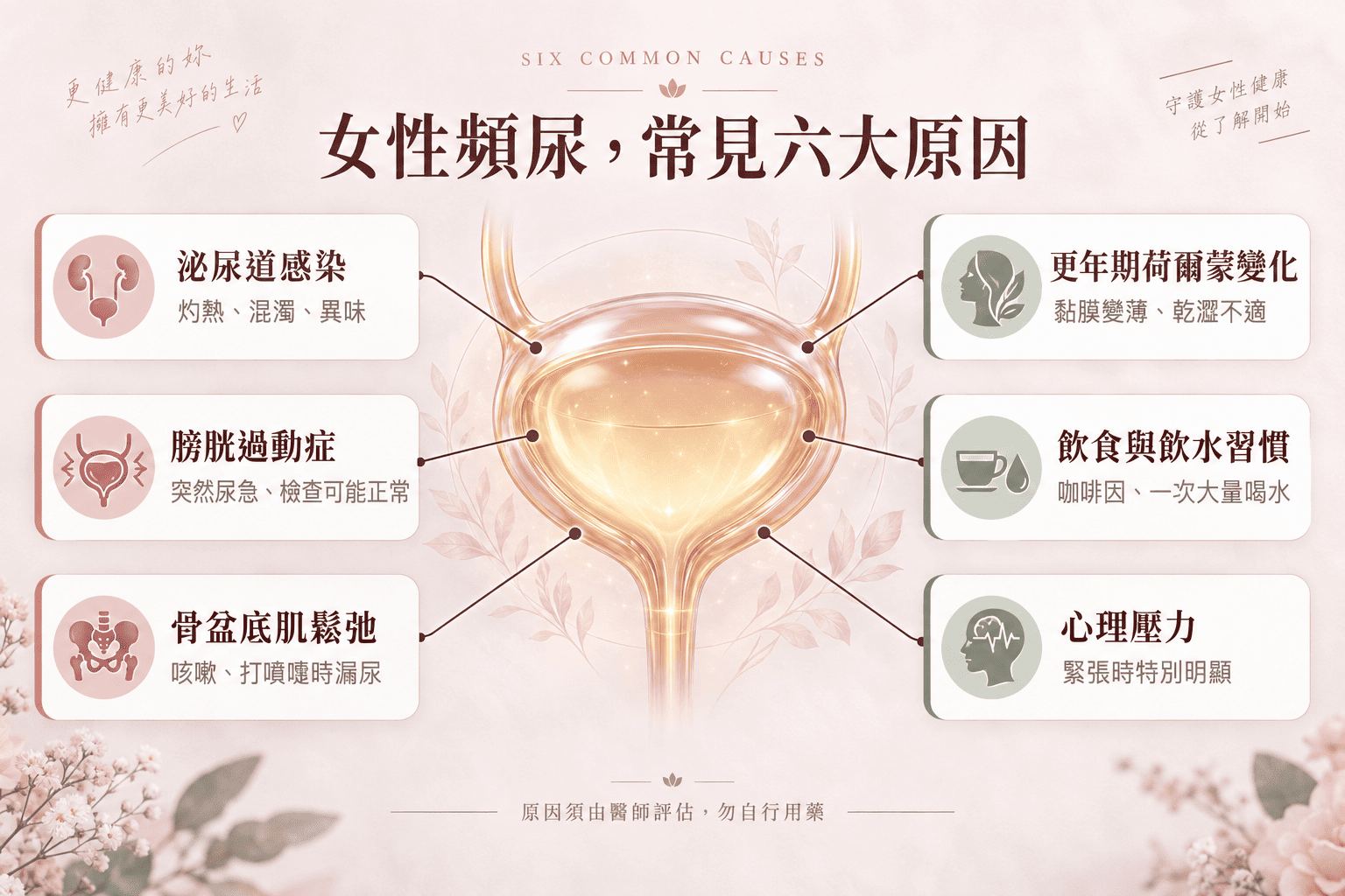 亞洲女性站在明亮浴室門口，神情平靜，象徵理解頻尿原因後的從容與自我照顧