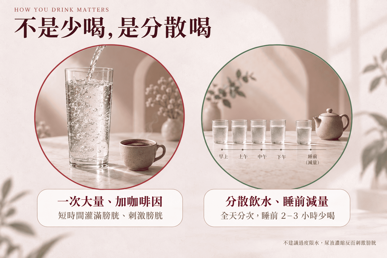 亞洲女性在明亮廚房中準備一杯溫水，神情從容，象徵透過日常飲水習慣調整照顧泌尿健康