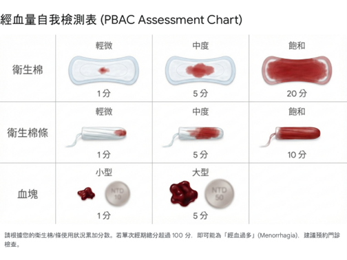 經血量評估圖：以衛生棉或棉條的浸濕程度估算單次經期的出血量，供經痛合併大量出血時記錄使用